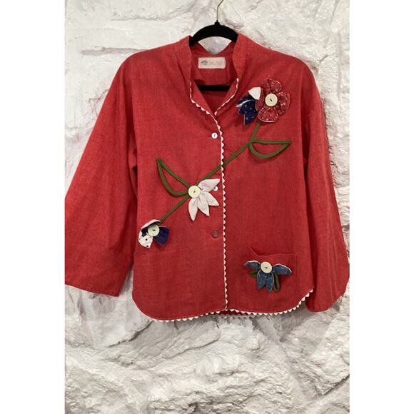 Vintage 70’s Little House Creation Red White Appliqué Whimsy Blouse Large Hippie - Picture 6 of 6